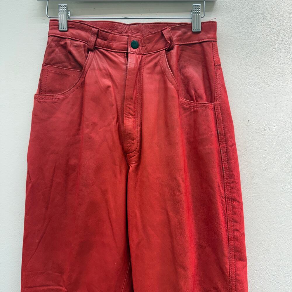 Vintage 80s 25W Red Leather High Waisted Pants Tapered Punk Goth Colorful Bold